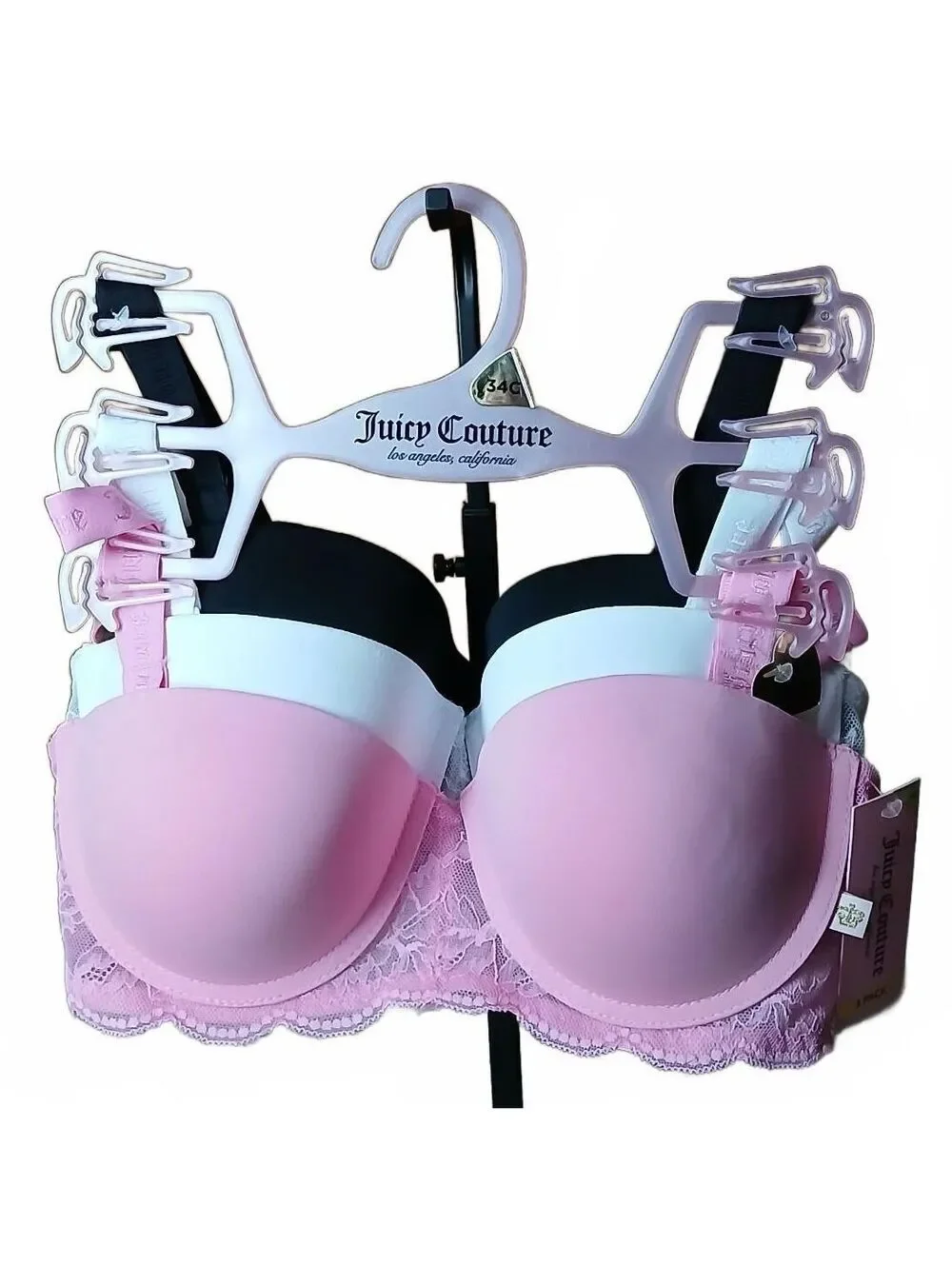 Juicy Couture 3 Pack Multi-Way Push Up Bras 34C Pink Black White JC7546 NWT